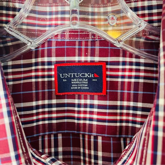 Untuckit red burgundy white plaid cotton button front shirt medium - Picture 5 of 6